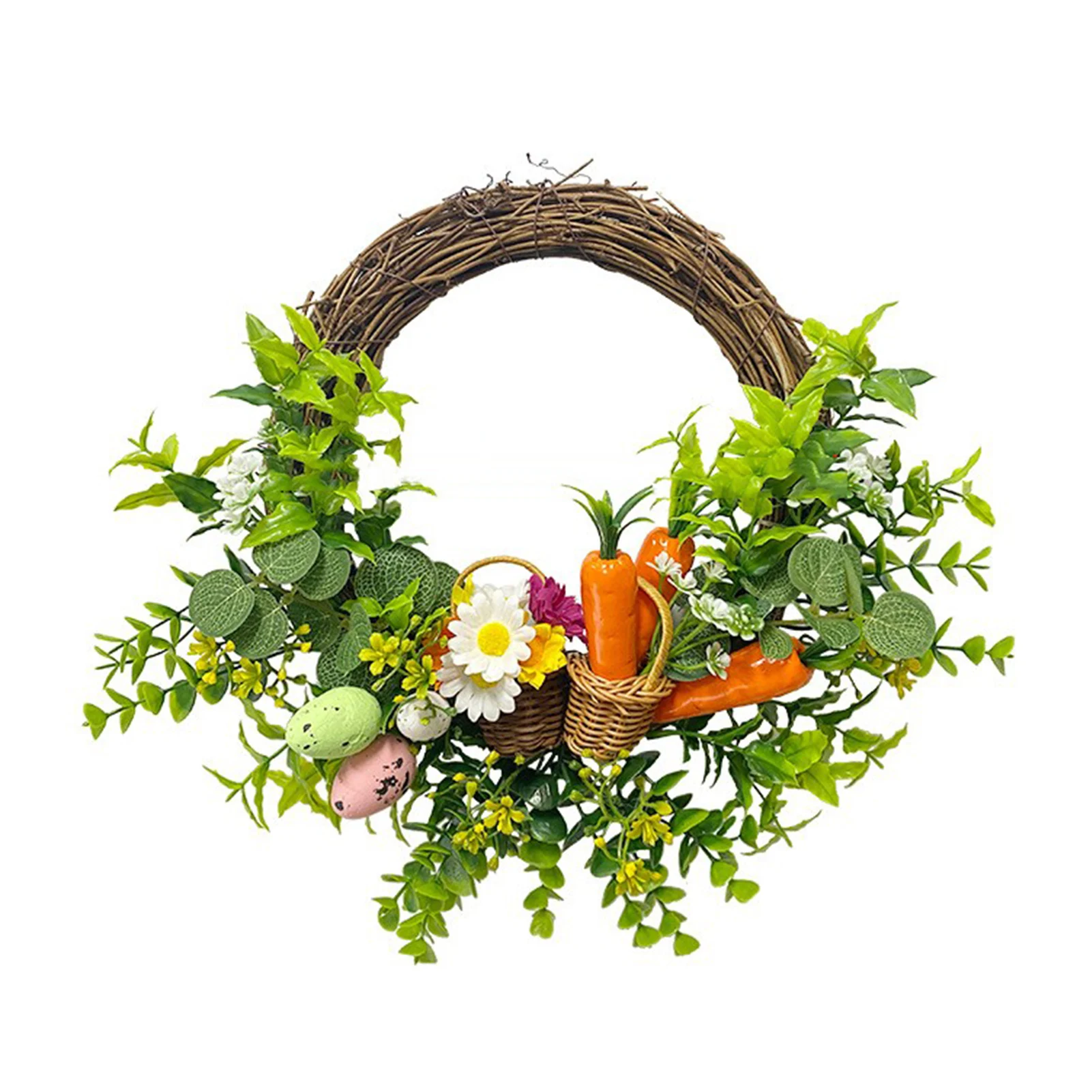 

Easter Eggs Carrot Wreath Artificial Daisy Door Hanging Spring Party Decor Rattan Ring Pendant DIY Home Decoration