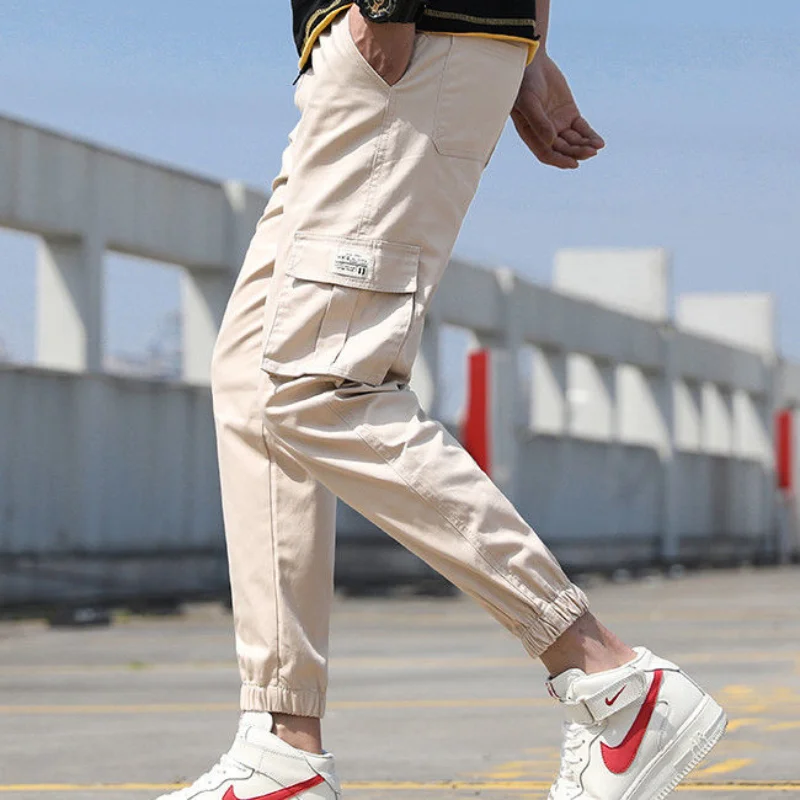 2023 New Men's Clothing Trousers Cargo Mid Waist Drawstring Slim Spring Autumn Casual All-match Solid Color Pockets Pants