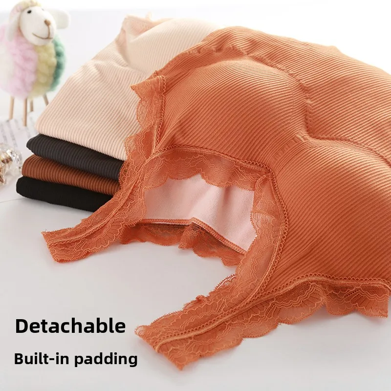 Women's Thickened Fleece Lined V-Neck Lace Camisole Tank Top Inner Wear Warm Underwear with Chest Pad Base Shirt