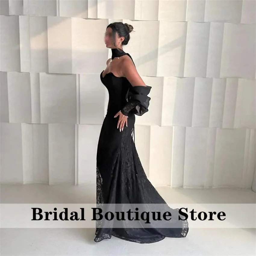 Elegant Mermaid Black Prom Dress Lace Strapless Sleeveless Wedding Party Gowns Floor-Length Evening Dress Customized