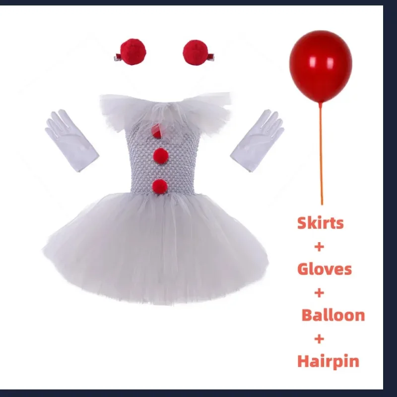 Halloween Girls Pennywise Tutu Dress Kids Cosplay Scary Gray Clown Costume Girl Carnival Party  Dress Up Clothing