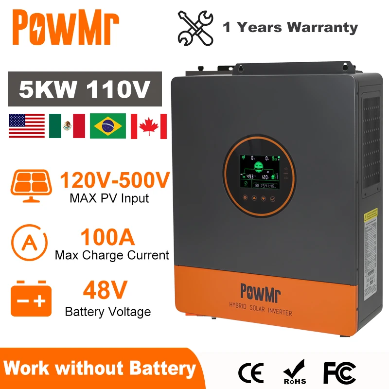 

PowMr 5KW Split Phase Inverter 48V 110V On Grid Off Grid Pure Sine Wave Hybrid Solar Inverter with MPPT 100A Battery Charger