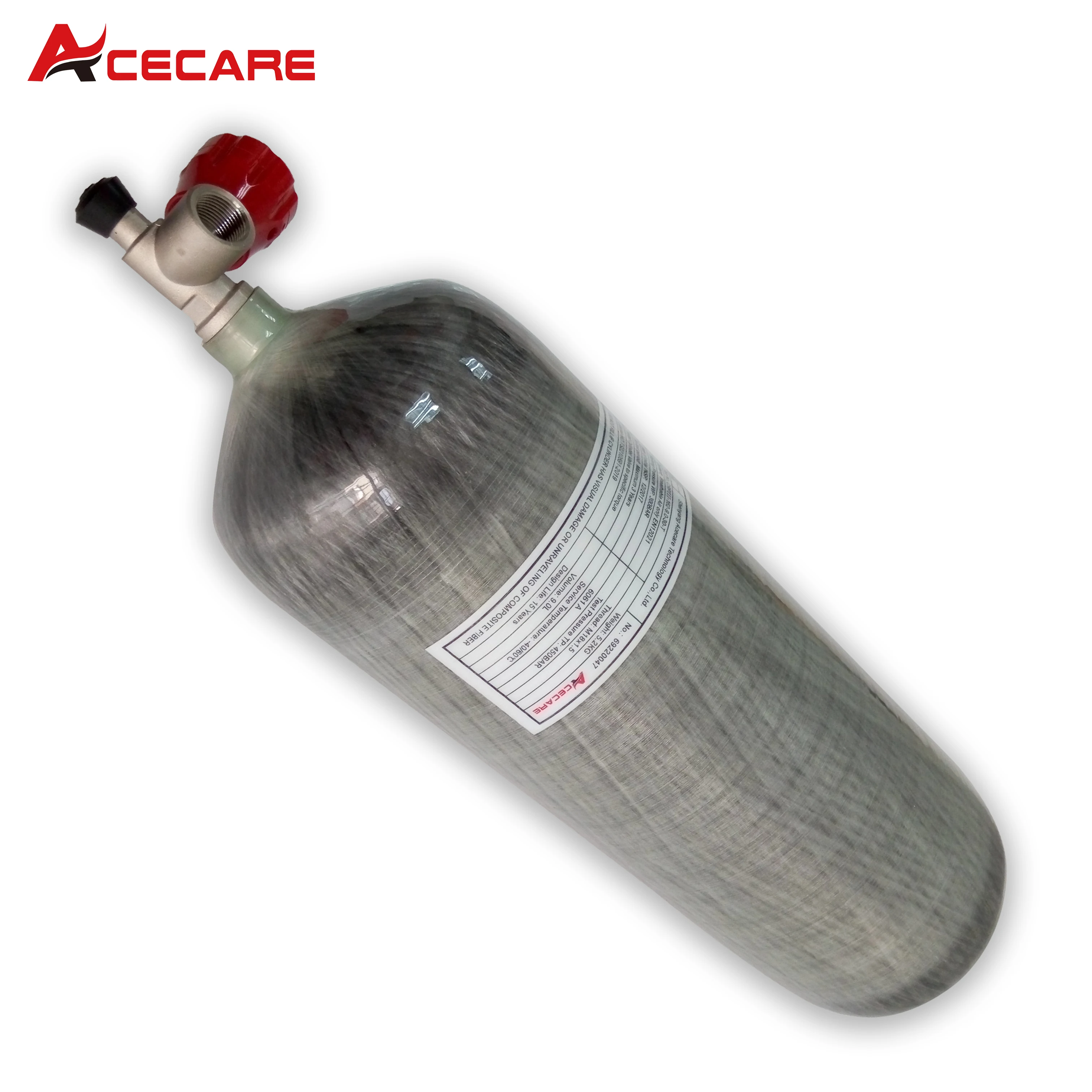 Acecare 9L اسطوانة من ألياف الكربون 300bar 4500psi 30mpa ارتفاع ضغط خزان الهواء مع صمام قياس لغوص السكوبا