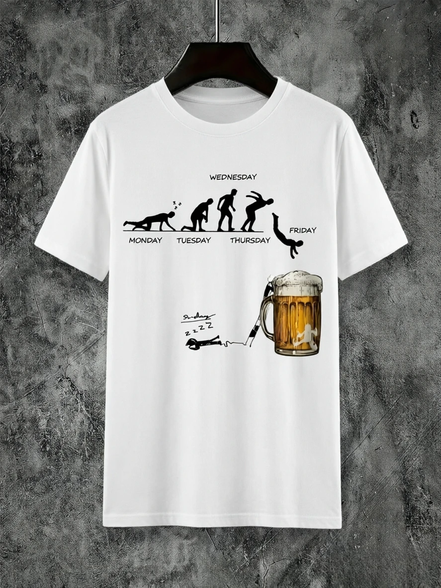 Funny Monday To Friday Week Evolution Jump Into Beer Mug Print T-shirt Men Women Cotton Work Humor Graphic Short Sleeve Tees