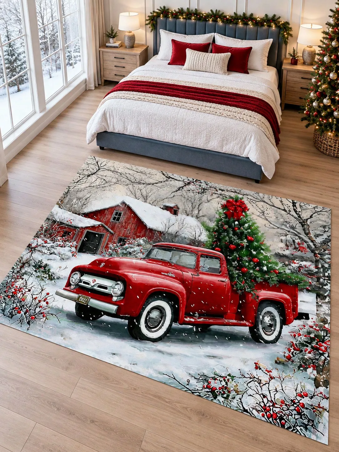 Christmas Rug Pickup Truck Barn Snow Living Room Bedroom Dining Area Entryway Floor Carpet Gift for Couples Family Neighbors Winter Thanksgiving Birthday Anniversary Housewarming Apartment Cottage Home Styling Sofa Side Reading Nook Holiday Gathering