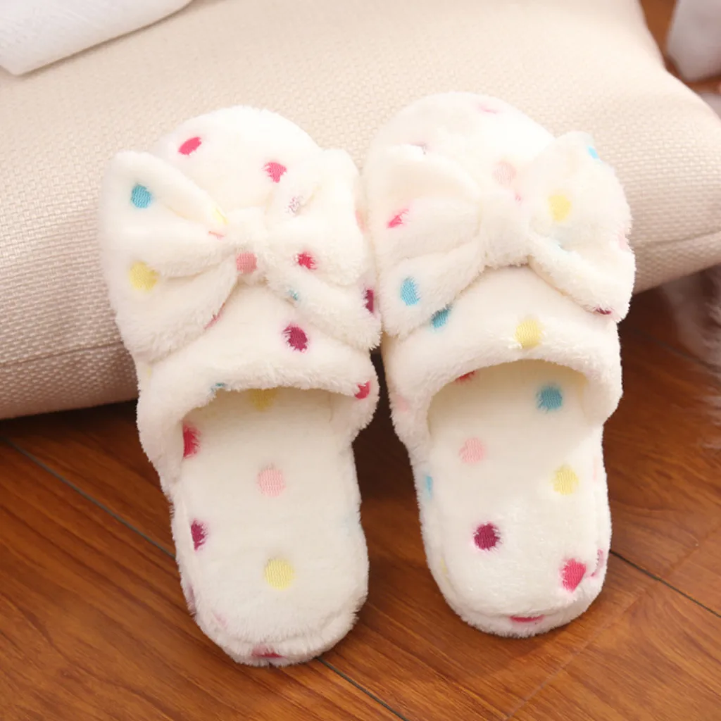 

Women's Warm Home Slippers Autumn Winter Cute Bow Colorful Polka Dot Thick Plush Non-Slip Leisure Shoes Soft Bedroom Flat Slides