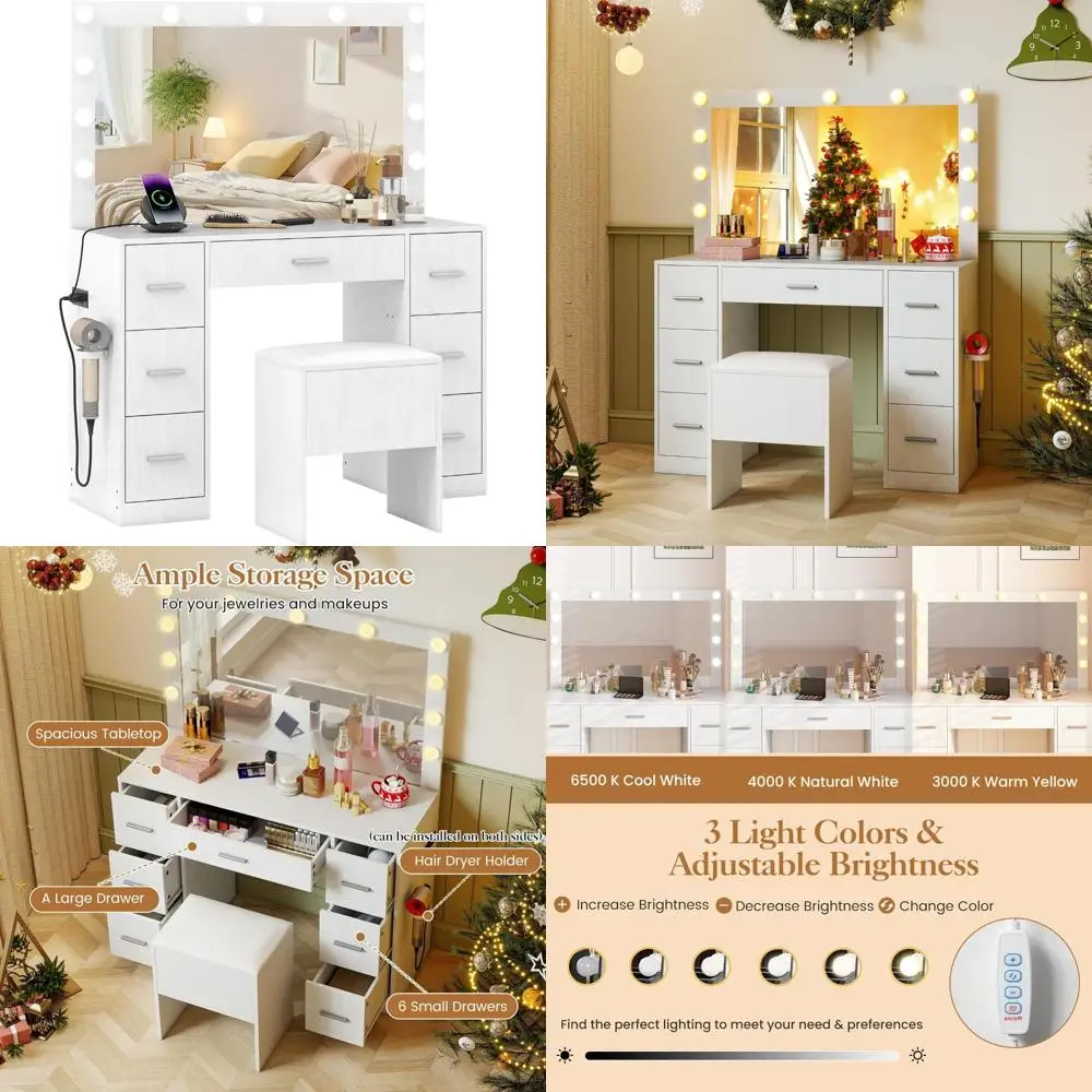 طقم طاولة مكياج مع مرآة، أضواء، محطة شحن، حامل مجفف الشعر، إضاءة 3 ألوان، 7 أدراج لتنظيم التجميل