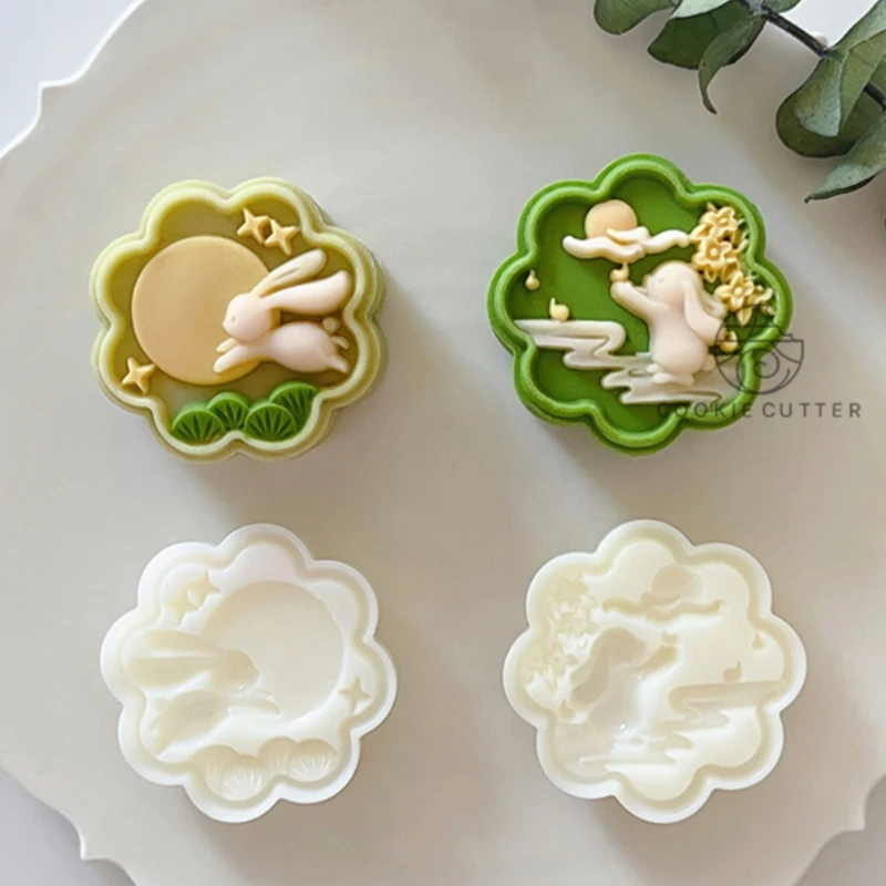 

2Pcs 50g-63g Rabbit Fly to Moon Cookie Cutter Stamp Moon Cake Plunger Mold Mid-Autumn Festival Pastry Dessert Baking Accessories