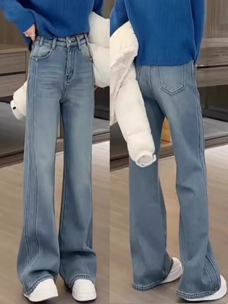 

Прямые джинсы больших размеров в американском стиле ретро, женские узкие широкие брюки с высокой талией для похудения, осенняя одежда