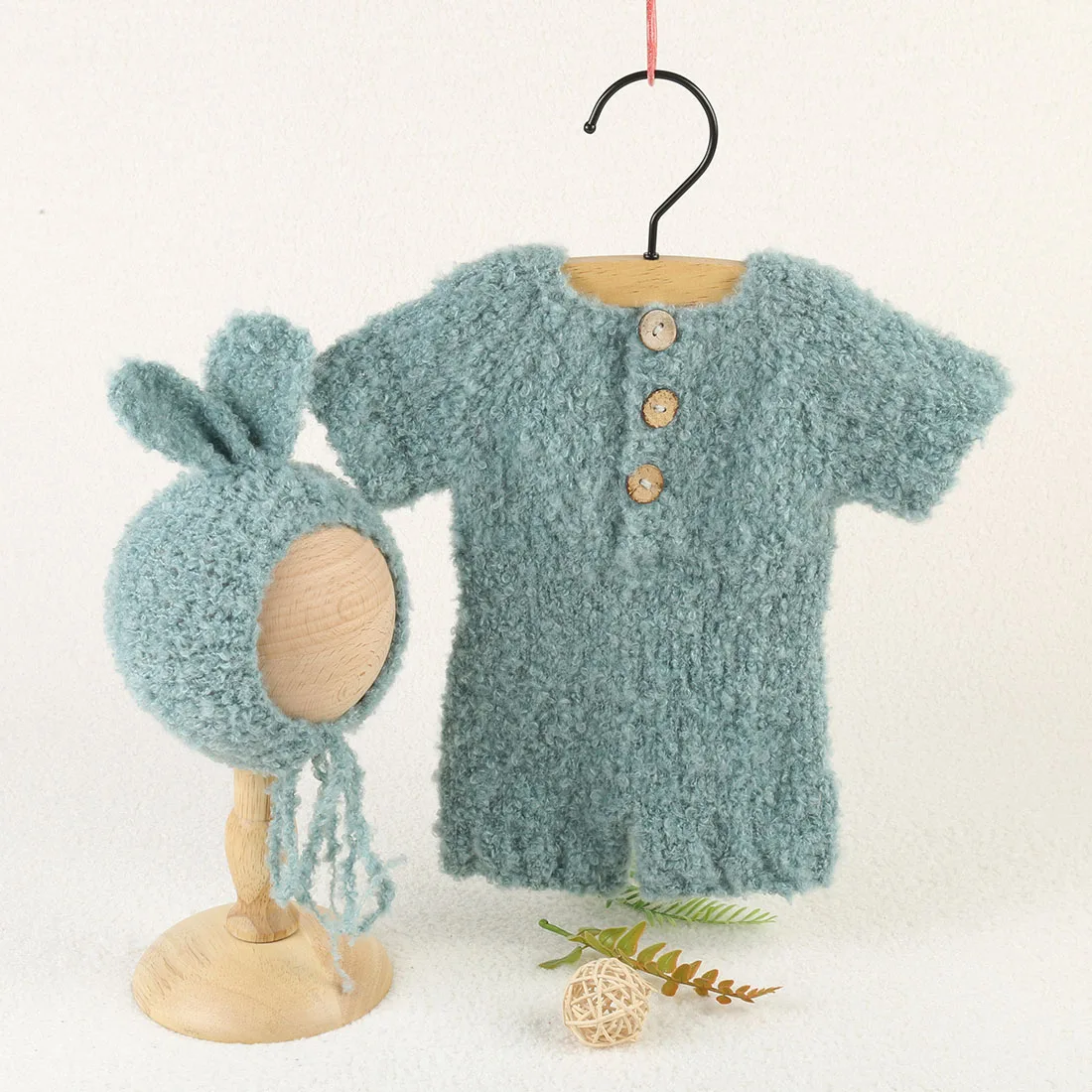 Vintage Knitted Fluffy Rabbit Romper Bonnet Set Newborn Photography Props Baby Outfit Set Infant Teddy Bear Clothes Photo Shoot