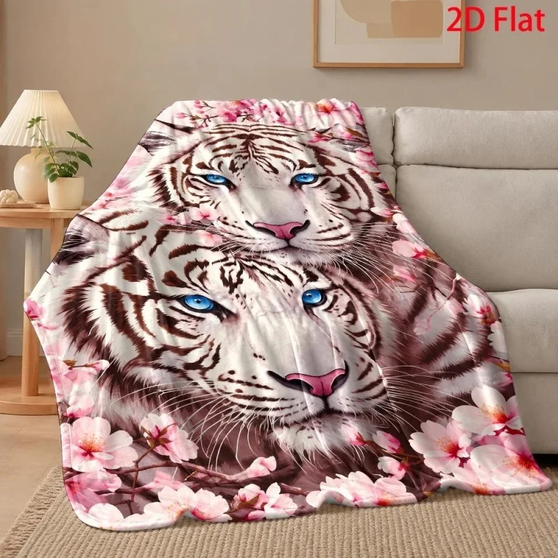 White Tiger Cherry Blossom Floral Print Throw Blanket, Wildlife Themed Decorative Home Throw