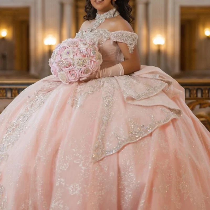 

Shiny light pink Quinceanera Dress crystal glitter Decal beading Long tail Bow Vestidos De 15 Quinceanera ﻿Customize