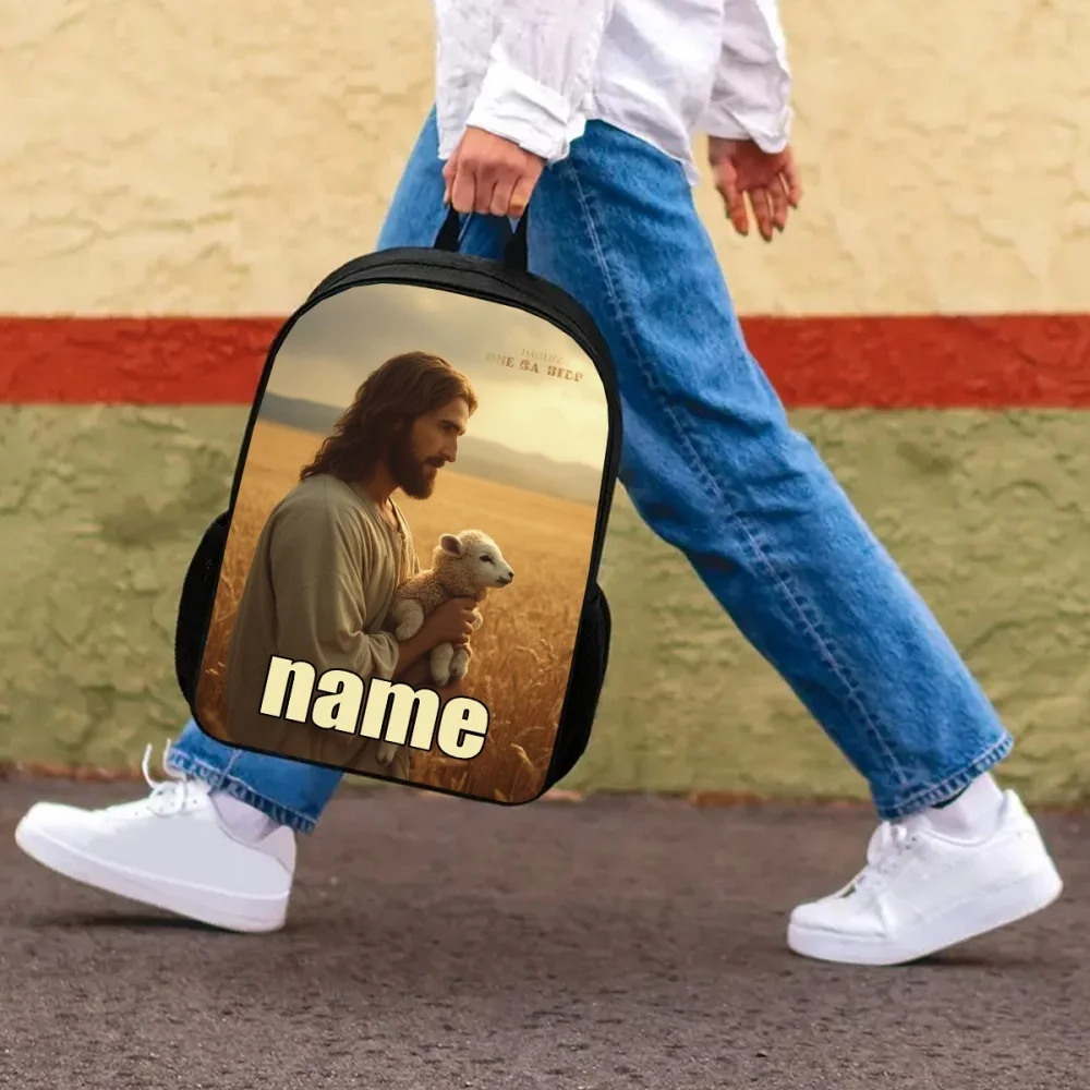 Personalized Custom Name Jesus And Lamb Print Backpack Christian Religious Backpack Custom Text School Travel Book Bag Gift For