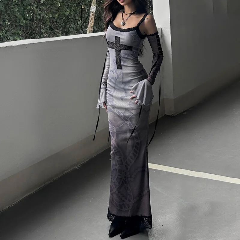 Sexy Elegant Lace Flared Long Sleeve High Split Maxi Dresses Vintage Black Velvet Chain Patchwork Bodycon Long Dress Grunge Robe