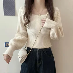 Autumn Square Collar Warm Sweaters Woman Fashion Korean Solid Slim Knit Jumper Elegant Lantern Sleeve All Match Pullover Sweater