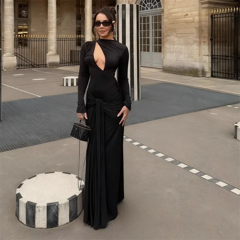 

Black Prom Dress Sexy Hollow Full Sleeves Sheath Party Gown With Long Stripe Formal Autumn Wedding Guest Birthday Evening Robe