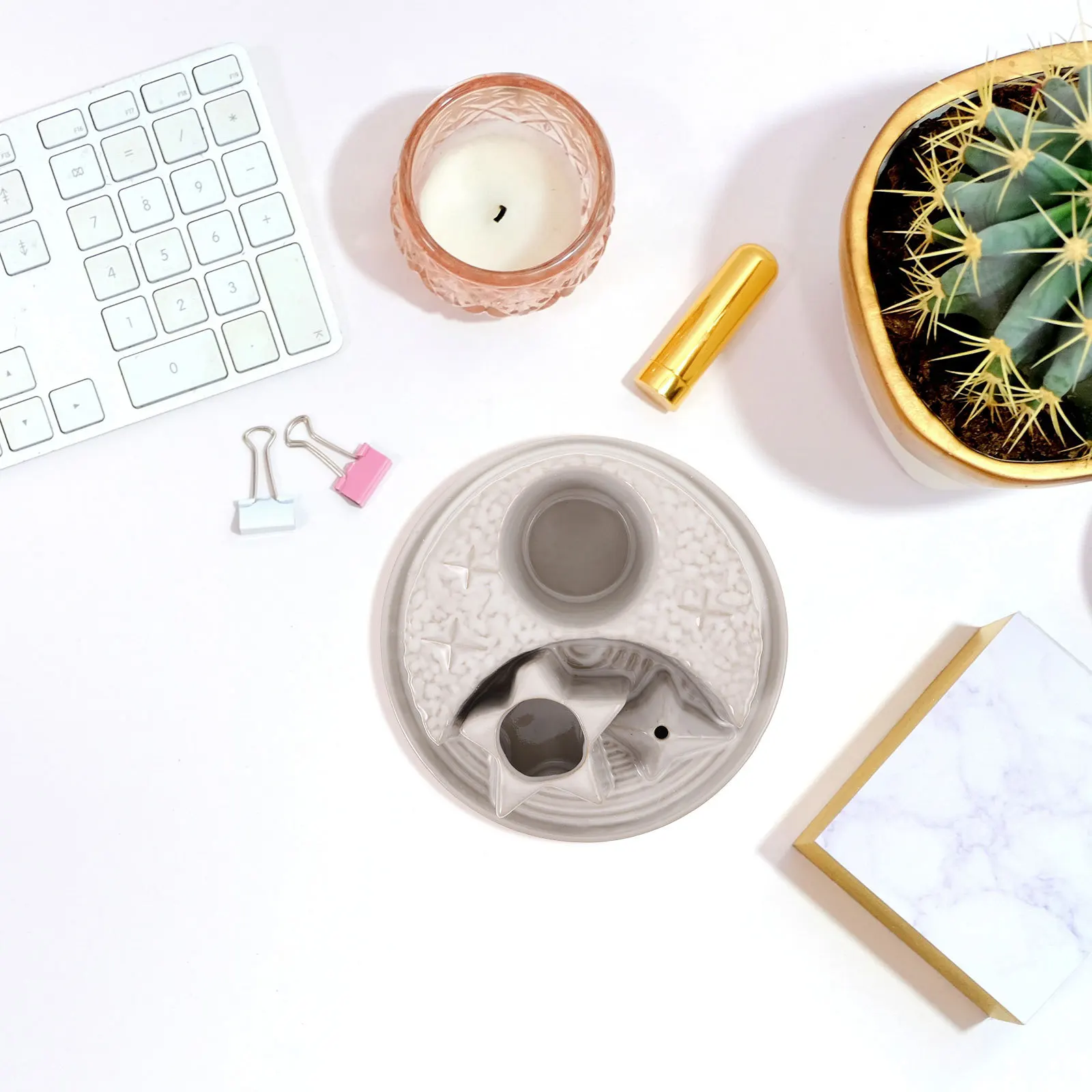 

Incense Sage Burner Ceramic Holder Star Moon Elements Decorative Tray for Home Office Meditation Aromatherapy Room