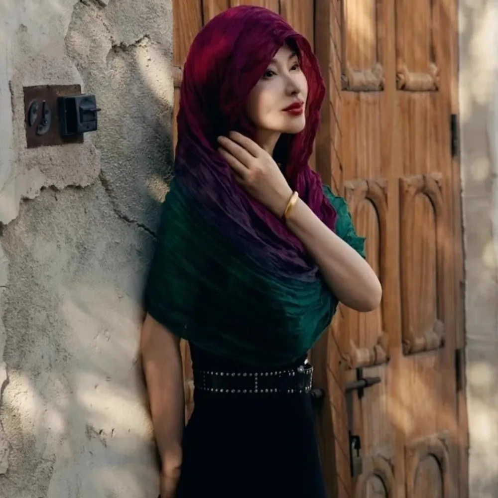 Novo vintage gradiente cachecol versátil estilo wasteland hijab cachecol respirável leve longo xale plissado para mulher