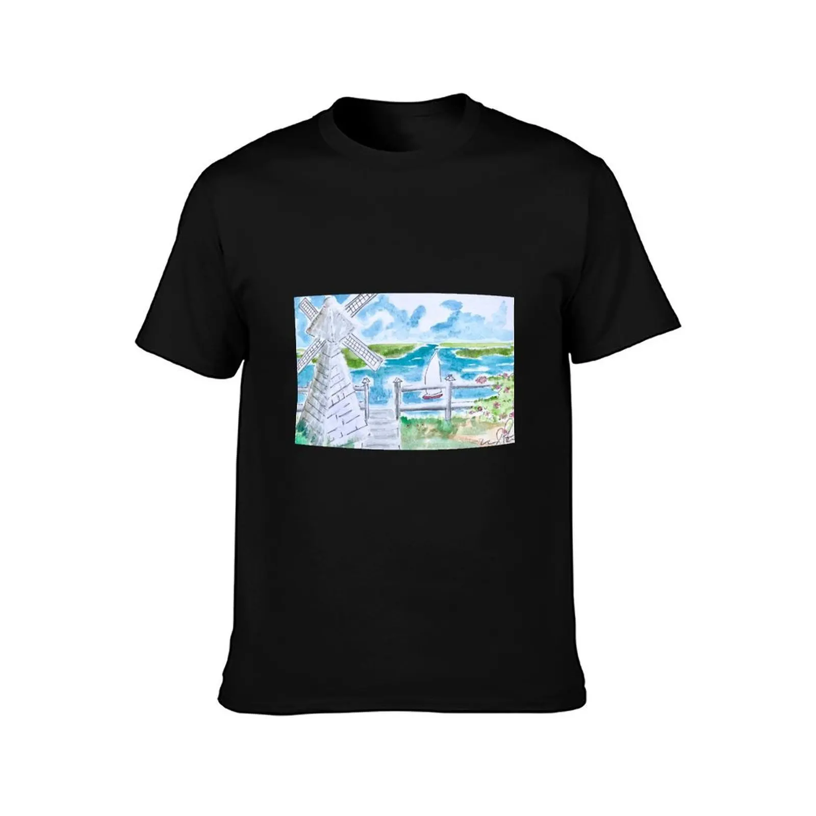 Windmill Beach T-Shirt, Summer Casual Cotton Tee, Oversized Streetwear Tops, Vintage Graphic Print, Loose Fit Short Sleeve