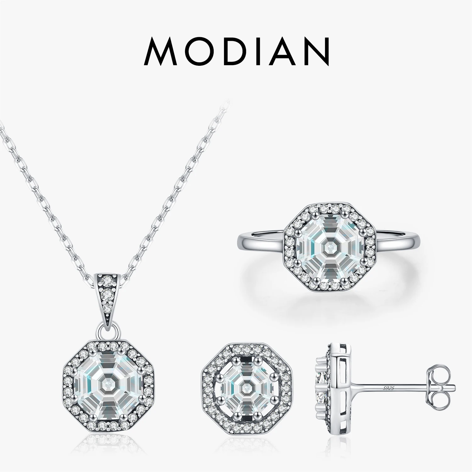 

MODIAN 925 Sterling Silver Retro Octagon Clear CZ Stud Earrings & Pendant Necklace & Rings For Women Fine Jewelry Sets