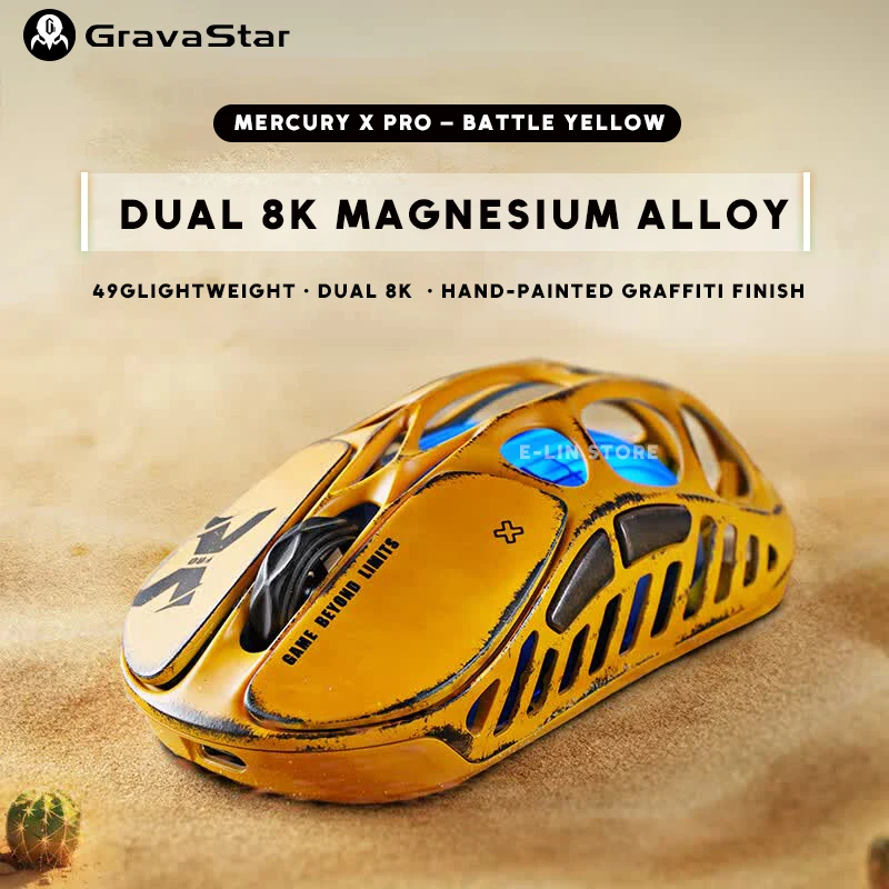 GravaStar Mercury X Pro Battle Yellow Wireless Magnesium Alloy Gaming Mouse E-sports Bluetooth RGB Lightweight Hollow Mouse