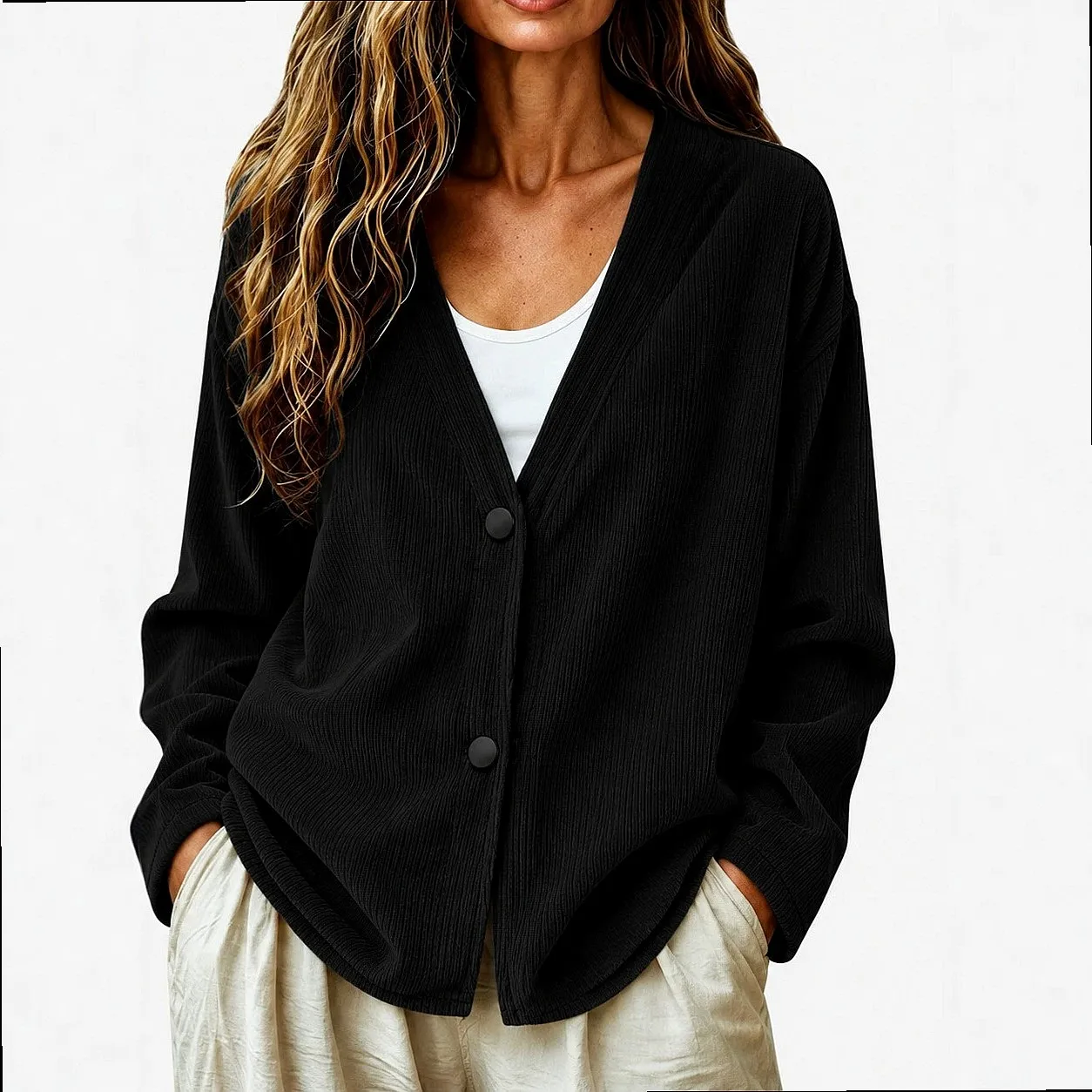 Cardigan Women Loose Fit V Neck Corduroy Cardigans Long Sleeve Spring Summer
