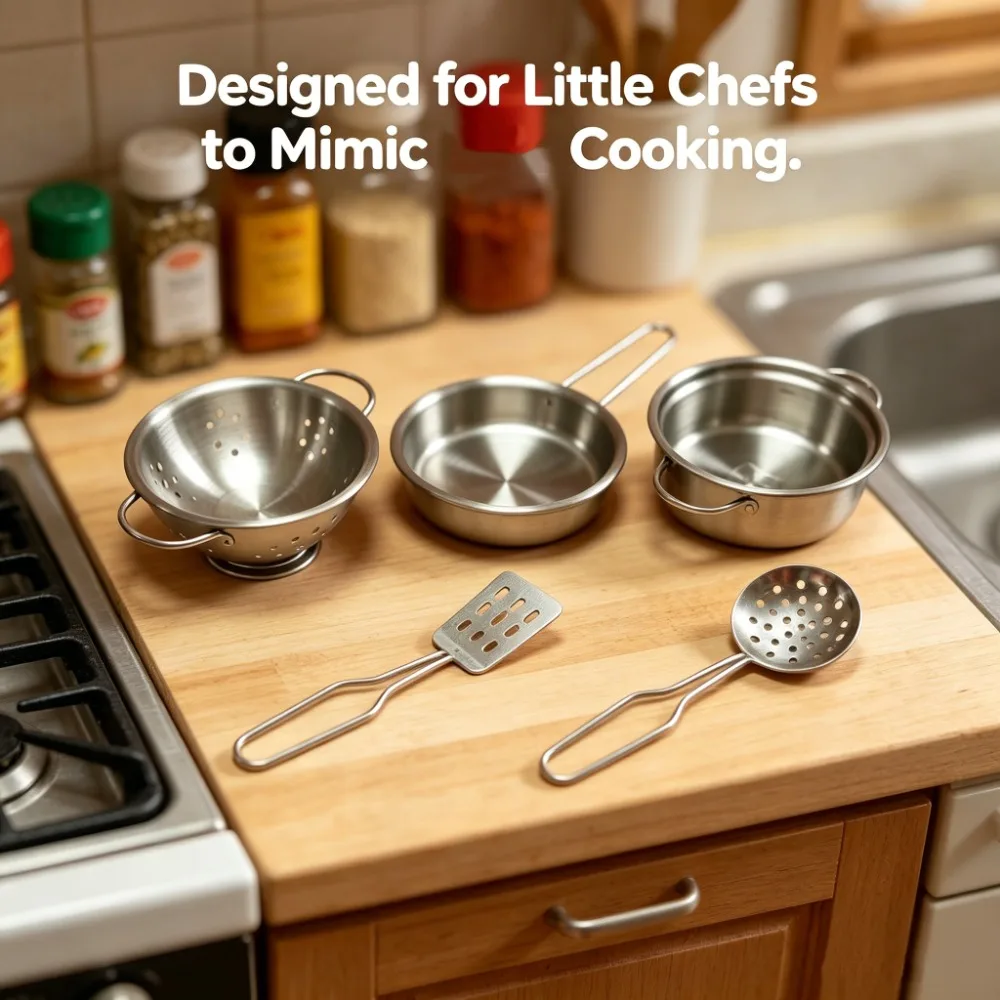 5Pcs Kids Stainless Steel Cookware Toy, Mini Pots Pans with Colander & Spatula, Pretend Play Kitchen Utensils for Kid, Role Play view 2