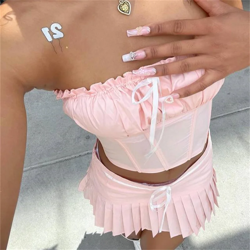 Summer Strapless Backless Tube Top + Pleated Skirt Set Women Y2k Clothing Vintage Lace up Fairy 2 Piece Sets Outfit Streetwear