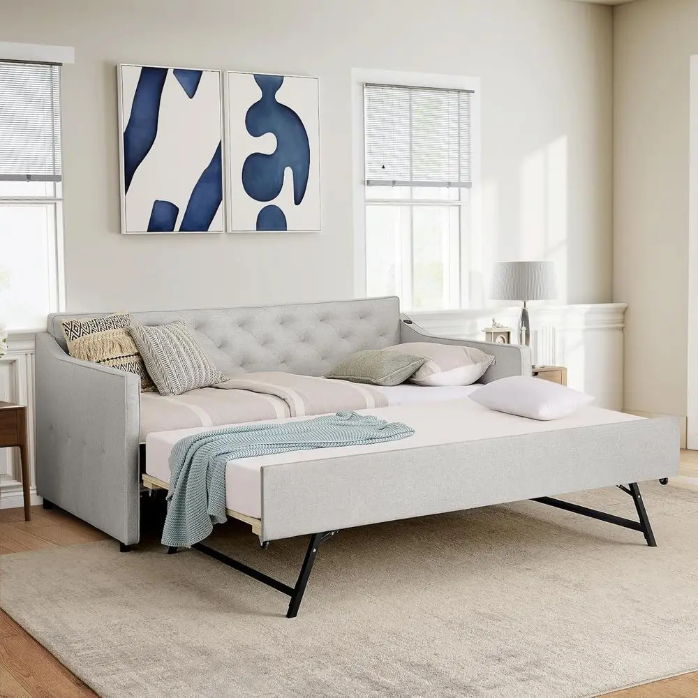 

Fabric Upholstered Twin Daybed with Pull-Out Trundle and USB Port for Bedroom, Living Room, or Guest Room, Beige