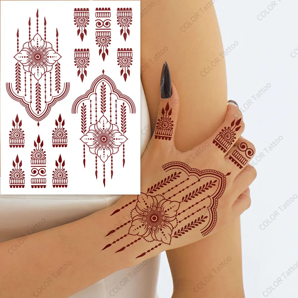 Flower Temporary Tattoos for Women, Maroon Henna Tattoo Stickers for Hand Fingers Disposable Fake Tattoo