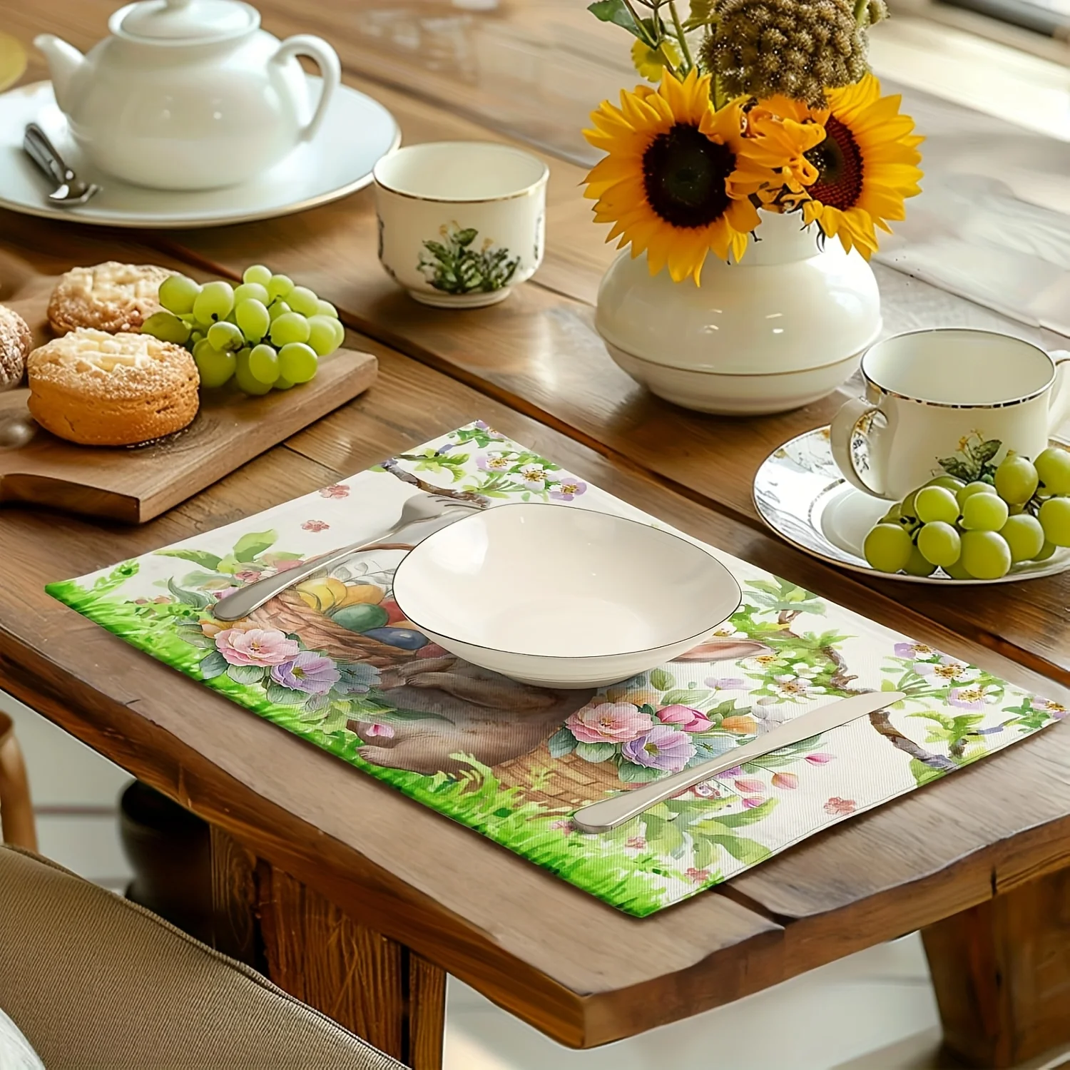 4Pcs, Easter Bunny and Flower Basket Placemats, Washable, Suitable for Holiday Parties, Home Decor, Kitchen Countertops, Rectangular Dining Tables, Making Your Dining Room and Kitchen More Beautiful, Birthday Gifts and Housewarming Party Gifts for Family and Friends