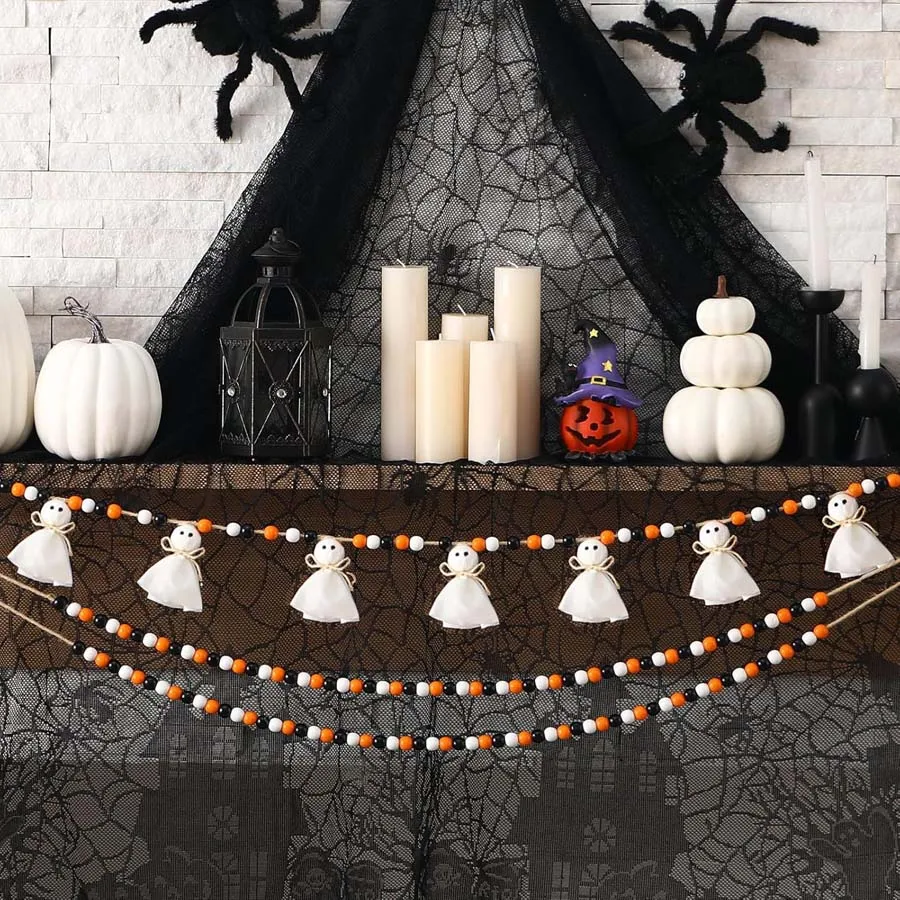 Halloween Decorative Felt Beaded Banner Pumpkin Ghost Witch Hat Skull Garland for Home Mantel Window Halloween Party Ornaments