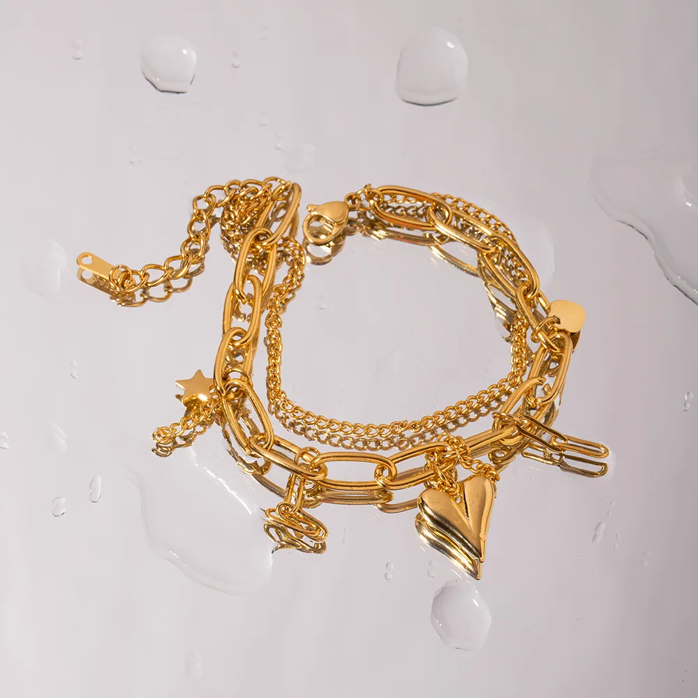 

Stainless Steel PVD 18K Gold Plated Tarnish Layered Chian Heart Charm Bracelet For Woman Jewelry Wholesale Summer Trendy