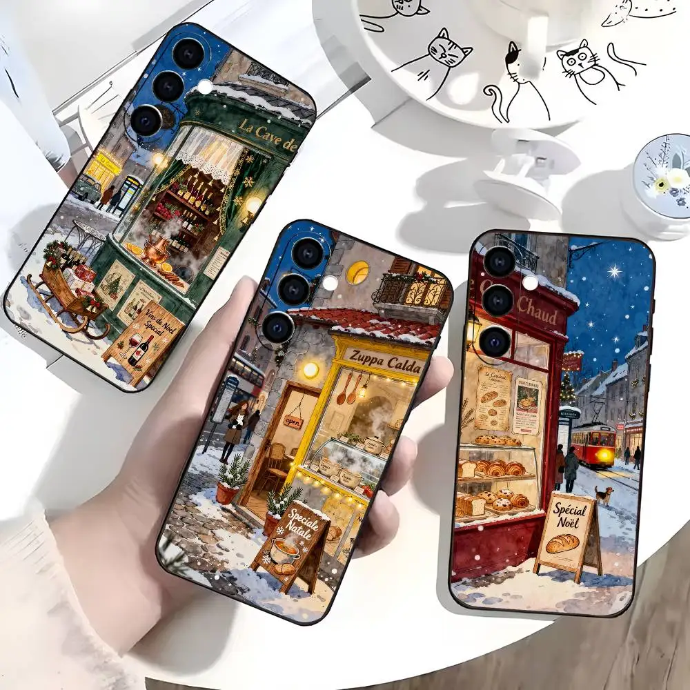 Snowy Christmas Town Phone Case For Samsung Galaxy A73,A72,A71,A70,A53,A52,A51,Soft Silicone Black Cover