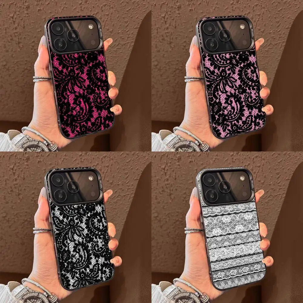 

Fashion Lace Print Pattern Pink Phone Case For iPhone 17,16,15,14,13,12,Pro,Max,Plus,E,SE4,Air,Mini Black IMD Box