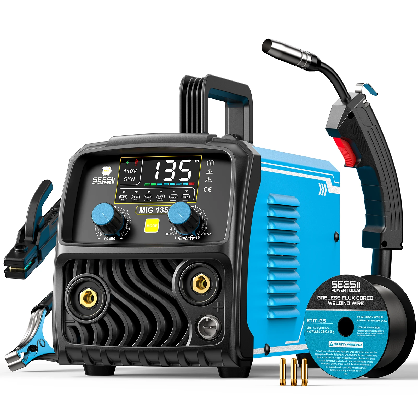 SEESII 135A MIG Welder 3-in-1 Gasless Flux Core/Lift TIG/Stick Welding Machine 7.7lbs Portable IGBT Inverter Digital Display