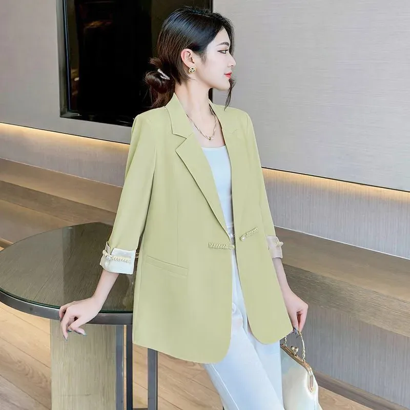 

Spring Summer New Fashion Disk buckle Suit Jacket Women Seven Points Sleeve Blazer Coat Fashion Loose Outwear Ladies Tops W1018