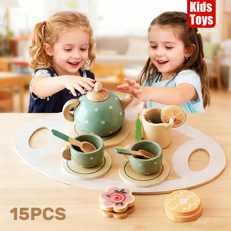 어린 소녀들을 위한 나무 차 세트, 소꿉놀이 주방 액세서리, 소녀와 소년을 위한 공주님 티타임 파티 음식 장난감