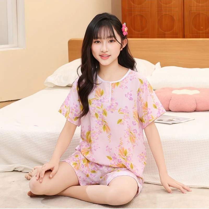 Boys Girls Summer Cotton Pajama Set Lightweight Short Sleeve Shorts Loungewear for Air Conditioning