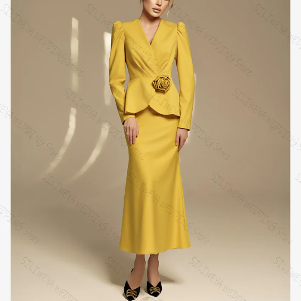 

Elegant Yellow Long Sleeves Chic Prom Dresses V Neck A-Line Tea-Length Female Party Evening Gown