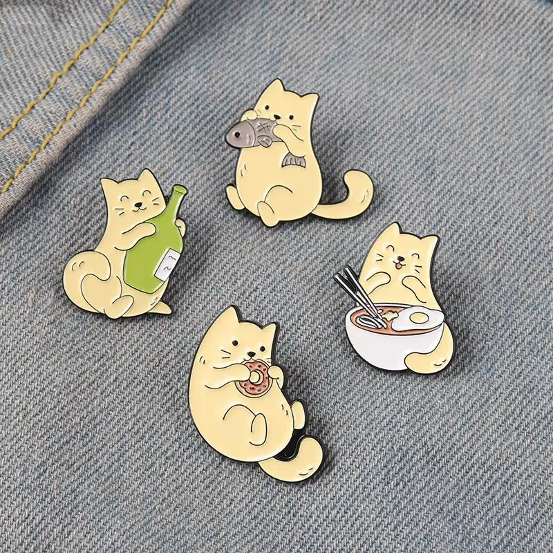 Cat and Fish Enamel Pins Cat Eating Food Donuts Noodle Badge Sweet Cute Pinback Buttons Accessories Animal Cat Lover Gifts