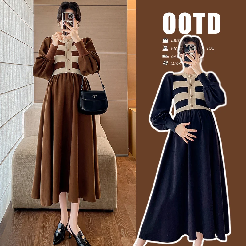 

701# Autumn Winter Patchwork Corduroy Maternity Dress Thick Warm A Line Slim Clothes for Pregnant Women Pregnancy