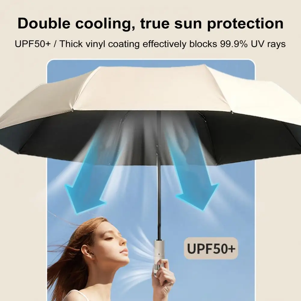 Sun Umbrella with Fan 3 Levels Adjustable USB Rechargeable UV Blocking Umbrella Foldable Automatic Sun Rain Umbrella