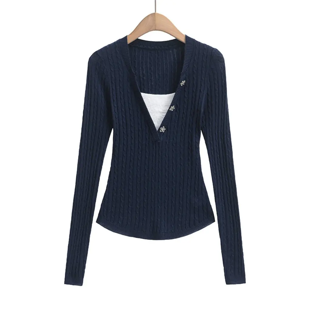 

Spring New Women's Slim-fit Knitted Sweater Color-matching Fake Two-piece Stretch Wool Blended Knitted Top for Girls
