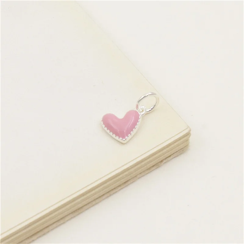 100% Real Sterling 925 Silver Accaccessories Pink Heart Charm Pendant For Bracelets and Necklaces Key Diy Material for Jewelry