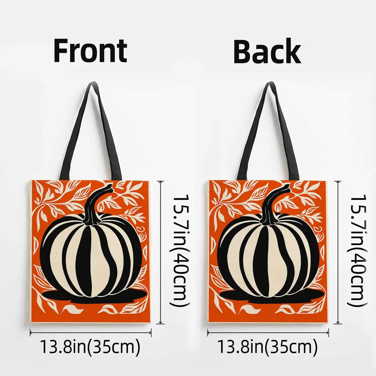 Double Sided Printed Shopping Tote Bag And Striped Pumpkin with Leafy Vines, Lightweight Foldable Reusable Shoulder Storage Bag