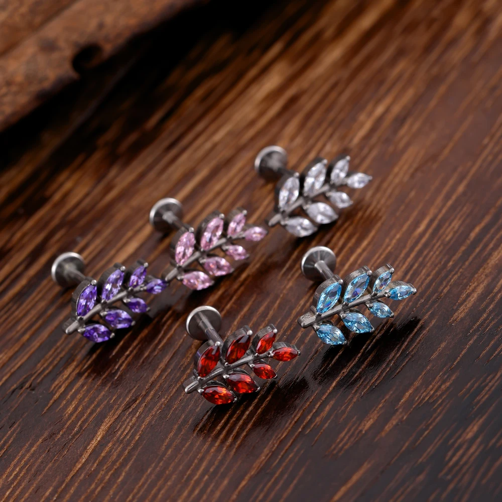 2024 Newest G23 ASTM F136 Titanium 16G Leaf CZ Stone Flat Back Stud Earring Helix Cartilage Monroe Medusa Tragus Piercing