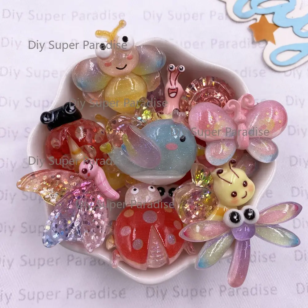 10pcs Colorful Resin Cartoon Big Bees Dragonflies Birds Beetles Butterfly Figurine Flatback Scrapbook Craft DIY Accessory Decor