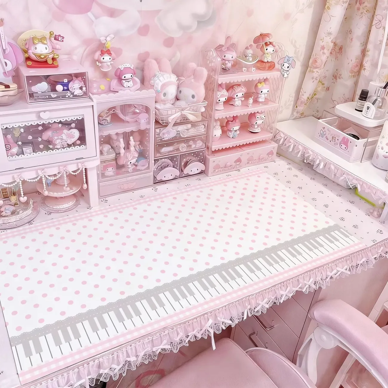 Leather Desk Pad Protector Piano Key Polka Dots Y2k Pink Girl Mouse Pad Office Desk Mat Waterproof Non-Slip PU Desk Blotter Pad