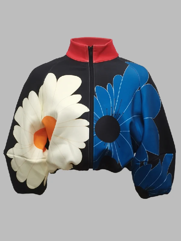 Flor floral impressão Zipper Jacket, Contraste cor Outerwear, Stand Collar